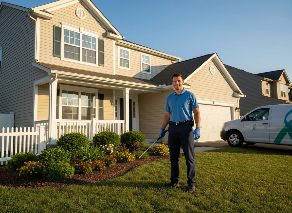 Technician treating home exterior for pests